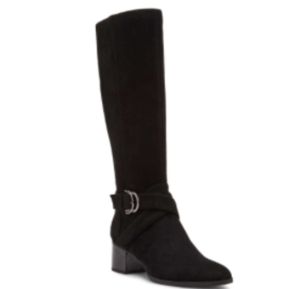 Anne Klein Black Knee high Heeled Boots with Buckle/Maelie -BLACK fauxSUEDE